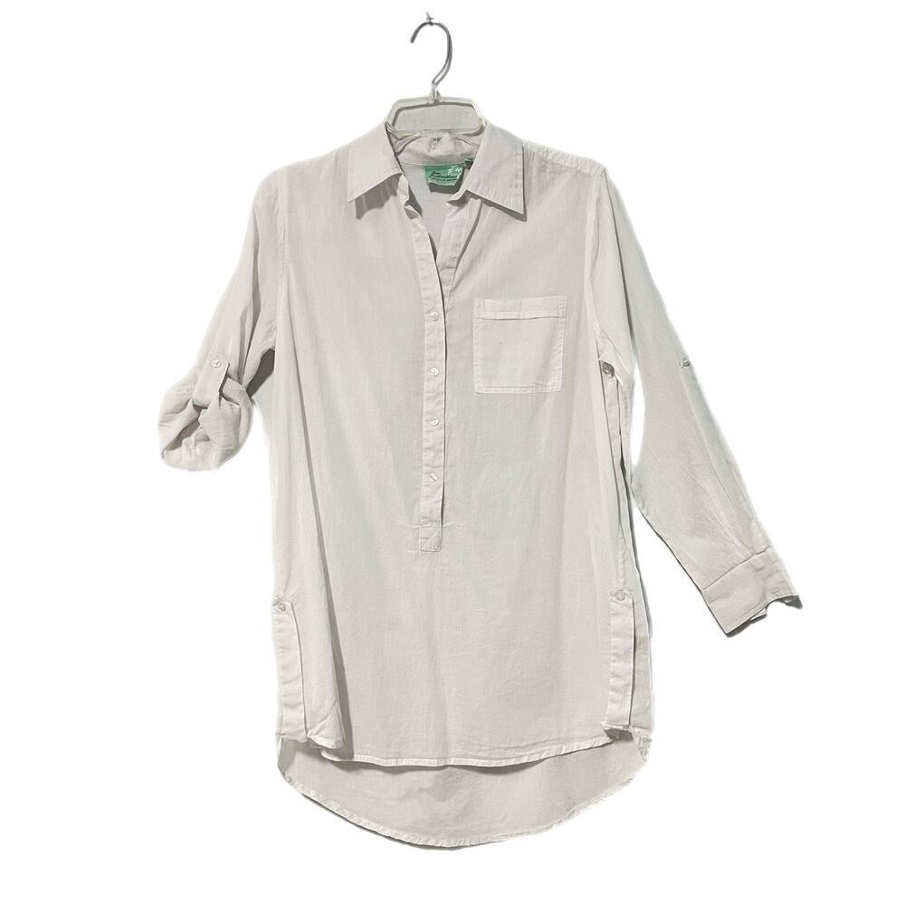 True Destinations Women's White/ Roll-up Sleeves Swimsuit Cover-up XS Resort Top